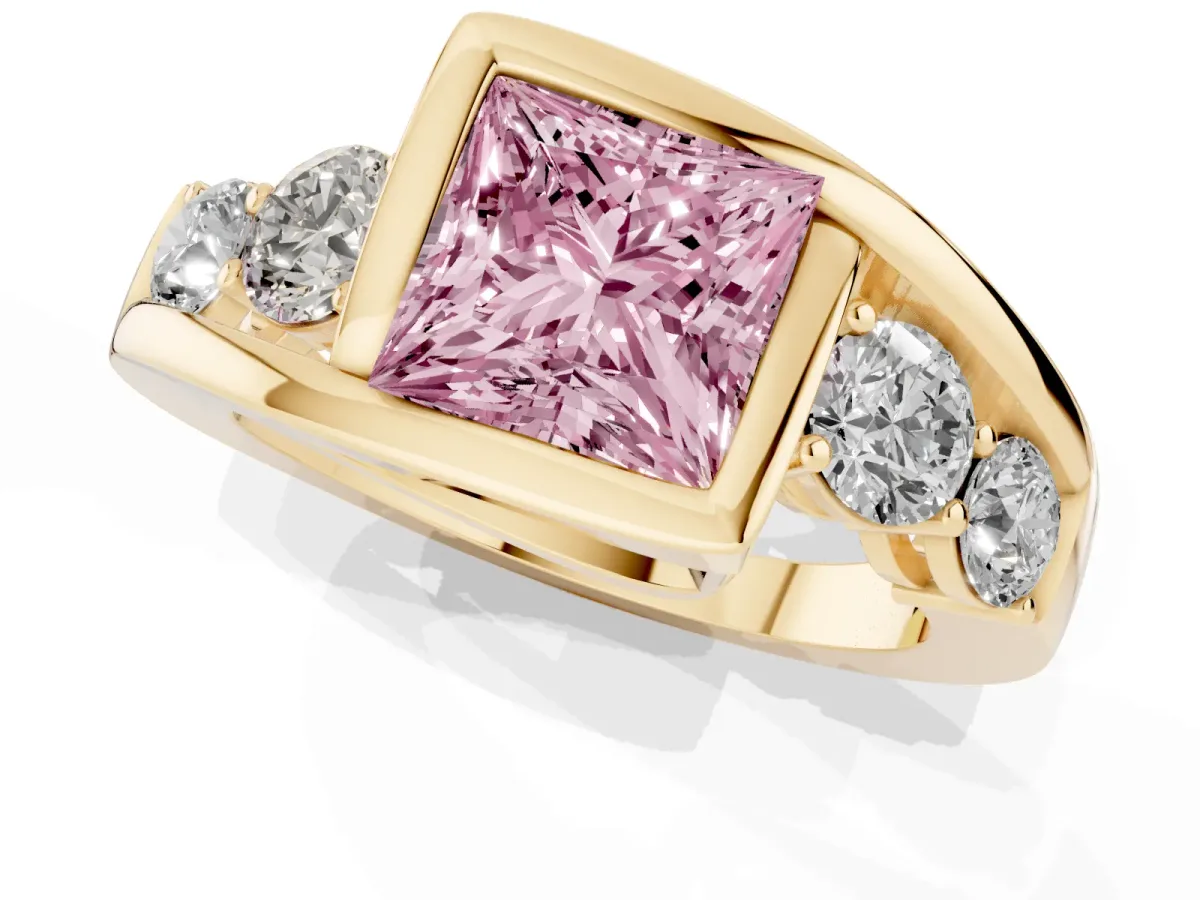 Fancy Pink Bezel Set Princess Cut Diamond Bypass Ring with Round Accents Yellow gold