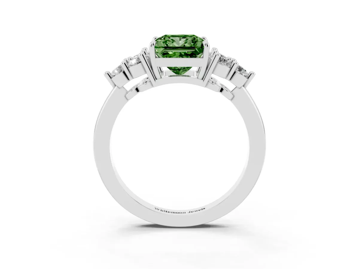 Fancy Green Princess Cut Brilliant Diamond Cluster Accent Solitaire Ring with Prong Setting Platinum