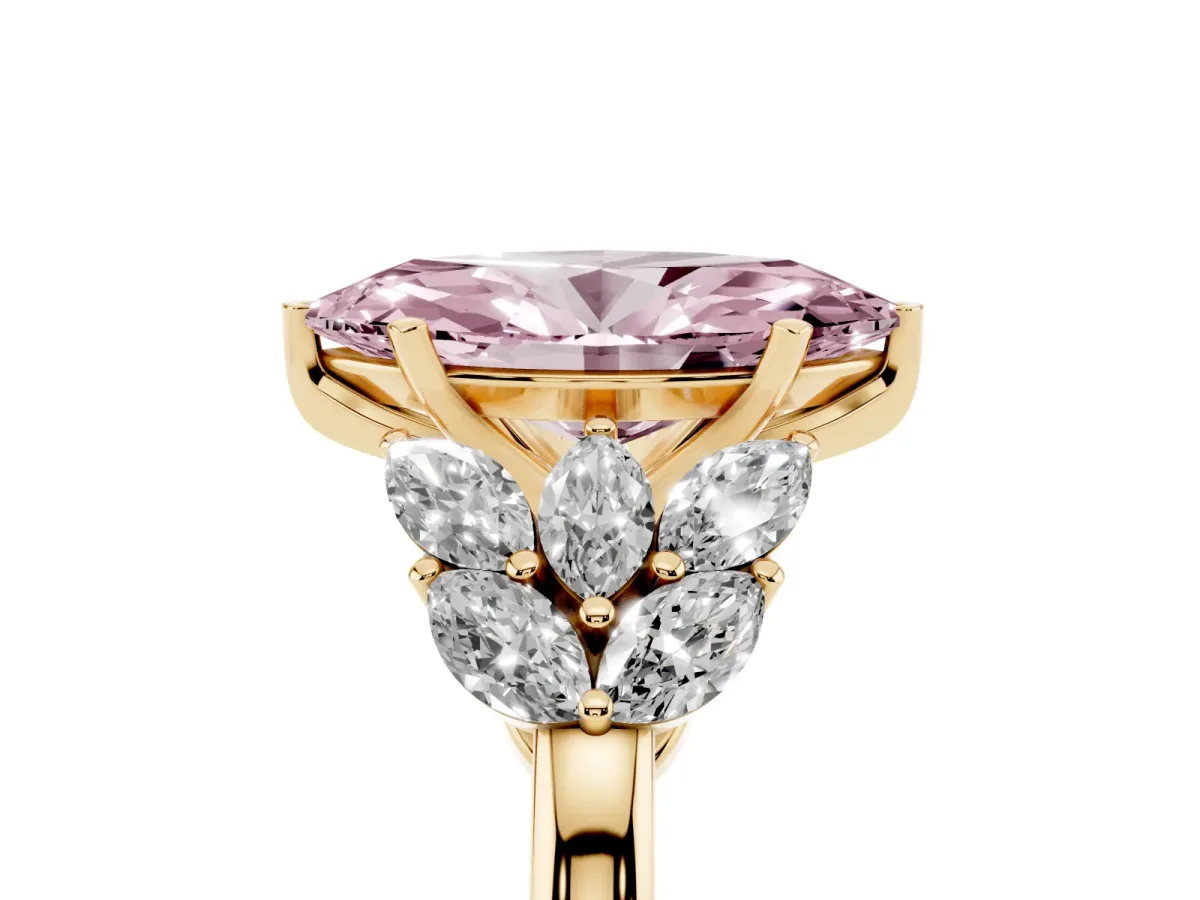 Fancy Pink Marquise Cut Diamond Cluster Leaf Design Ring with Prong Setting Yellow gold