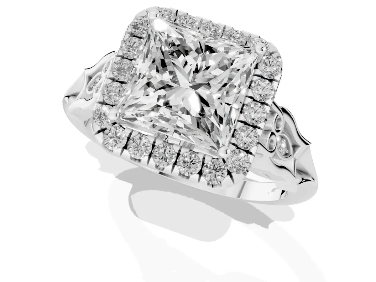 Princess Cut Halo Diamond Engagement Ring with Filigree Band and Four-Prong Setting Silver