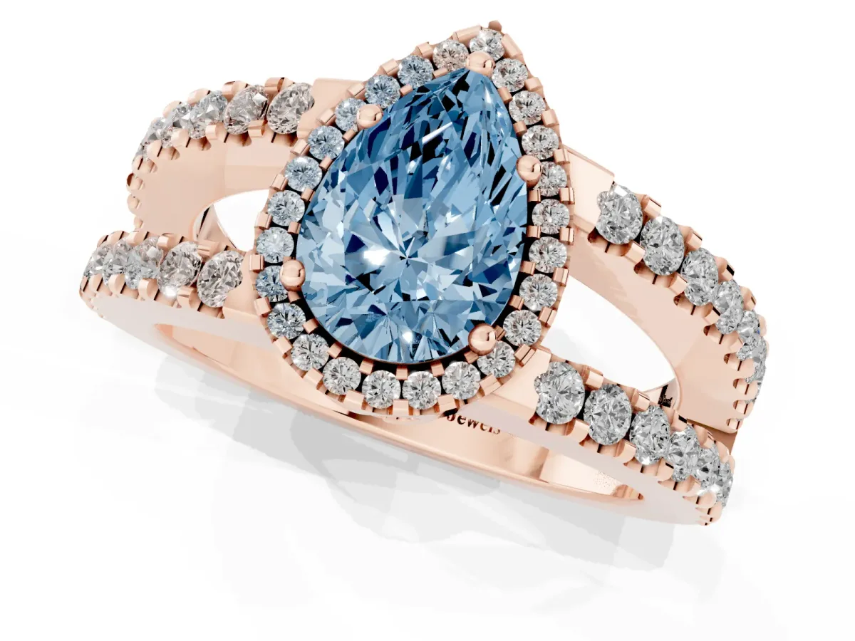 Fancy Blue Pear Cut Cut Halo Split Shank Diamond Ring with Four-Prong Setting Rose gold