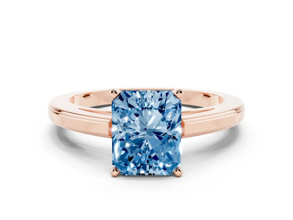 Fancy Blue Radiant Cut Solitaire Diamond Ring with Four-Prong Setting and Classic Band Rose gold