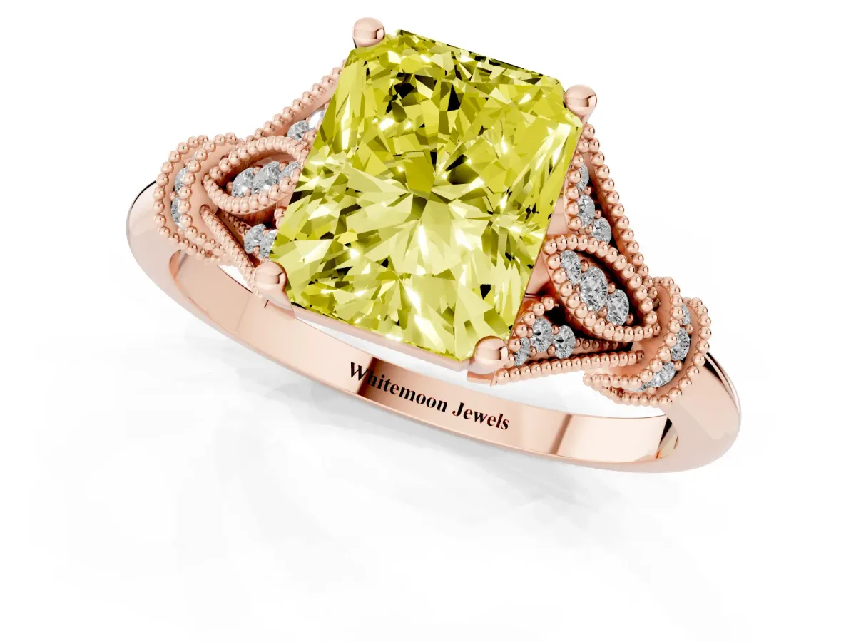 Fancy Yellow Radiant Cut Diamond Solitaire Ring with Floral Filigree and Pave Accents Rose gold