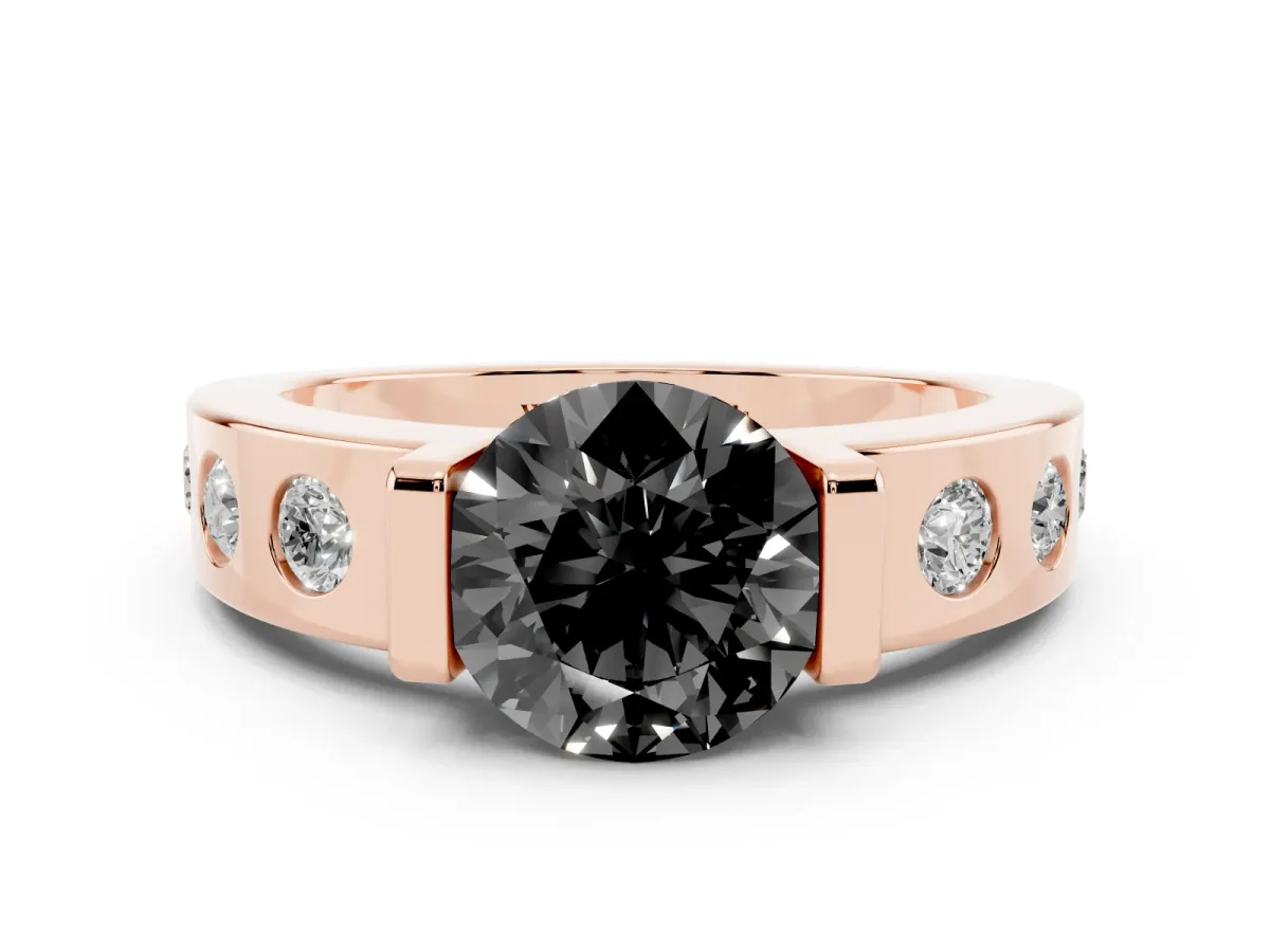 Fancy Black Round Cut Brilliant Channel-Set Diamond Ring with Bezel Prong Setting Rose gold