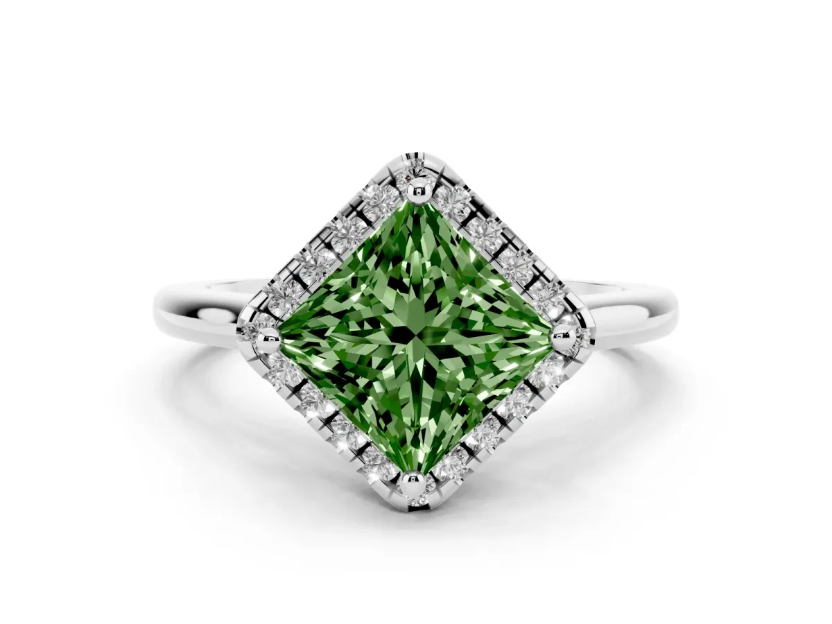 Fancy Green Princess Cut Halo Round Diamond Solitaire Engagement Ring with Pave Band and Four-Prong Setting White gold