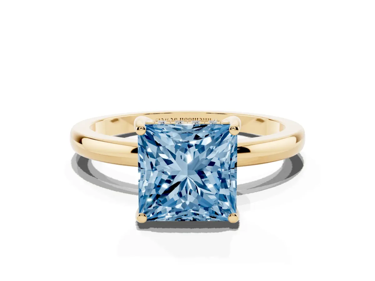 Fancy Blue Princess Cut Solitaire Diamond Ring with Prong Setting and Plain Band Yellow gold
