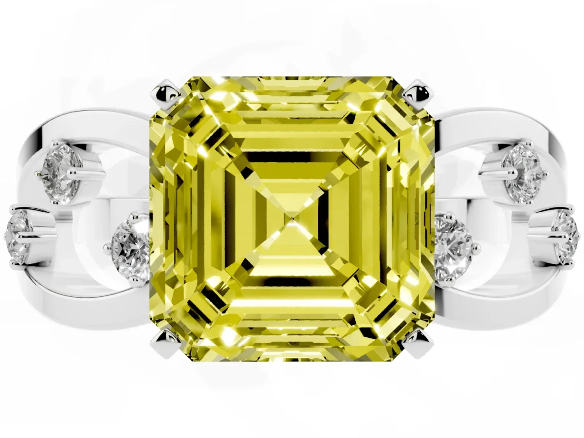 Fancy Yellow Asscher Cut Cut Solitaire Diamond with Side Stones on Criss-Cross Band and Four-Prong Setting White gold