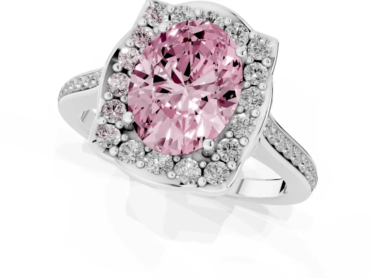 Fancy Pink Oval Cut Halo Round Diamond Pave Band with Four-Prong Setting Silver