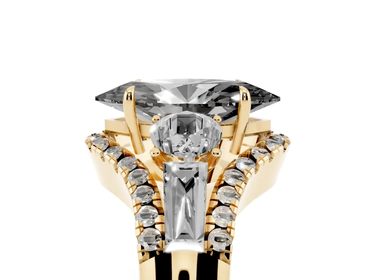 Fancy Black Three-Stone Marquise Cut Diamond Engagement Ring with Pave Band and Prong Setting Yellow gold