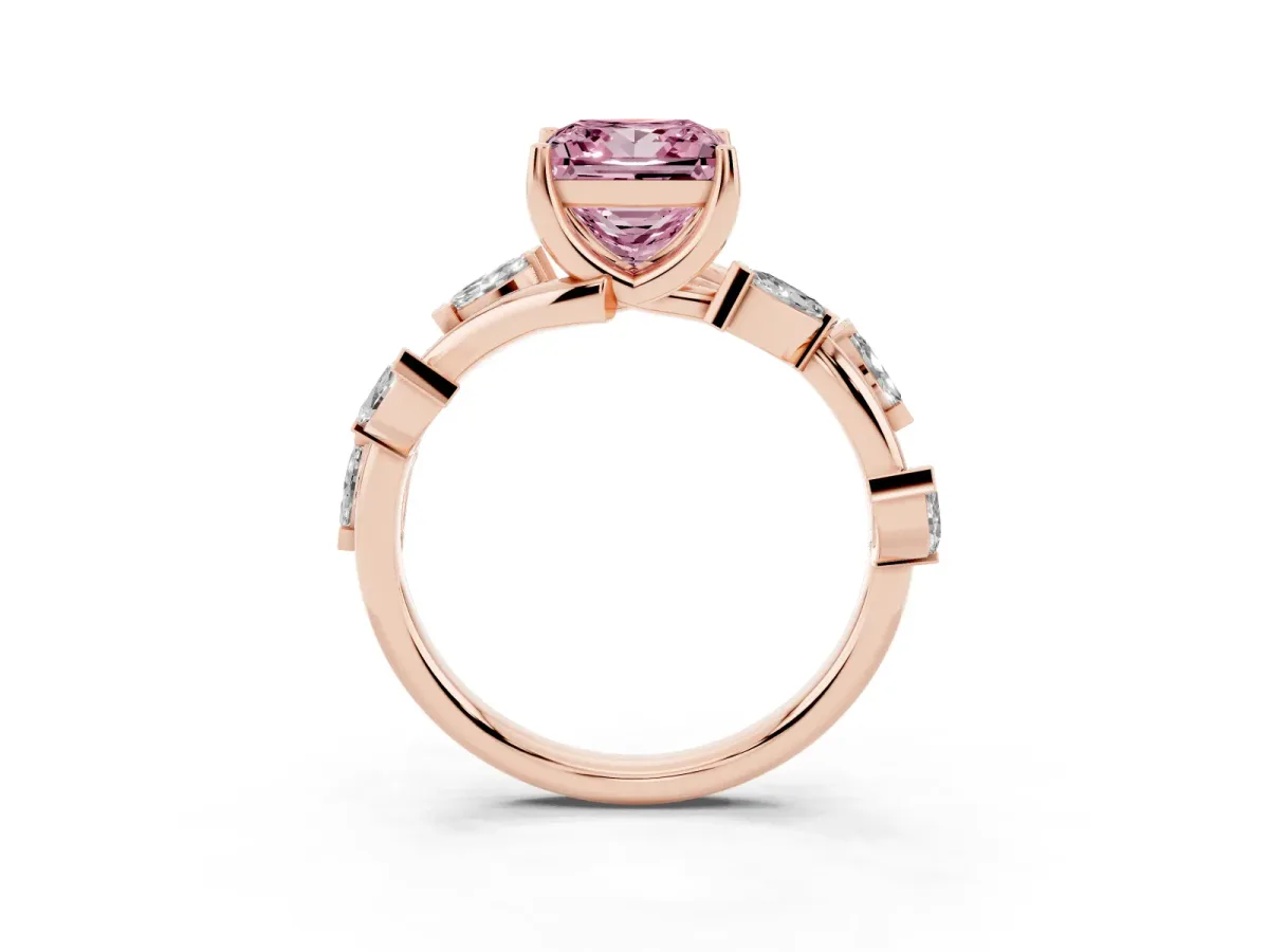 Fancy Pink Princess Cut Solitaire Twisted Band Marquise Accent Prong Setting Ring Rose gold