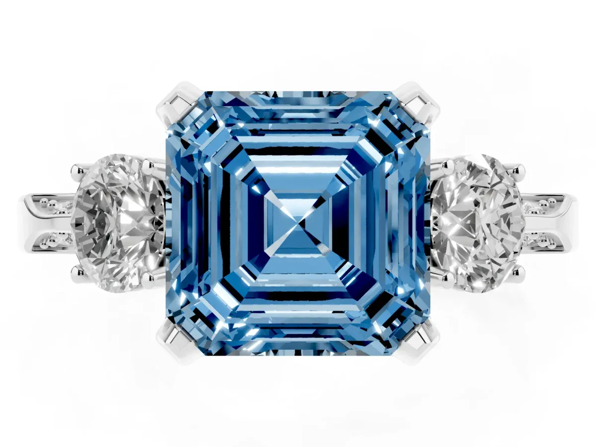 Fancy Blue Asscher Cut Brilliant Three-Stone Diamond Ring with Pavé Band and Four-Prong Setting White gold