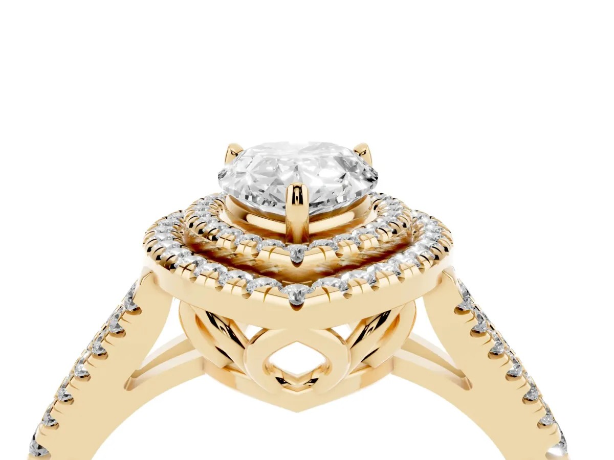 Pear Cut Diamond Double Halo Ring with Pavé Band and Prong Setting Yellow gold