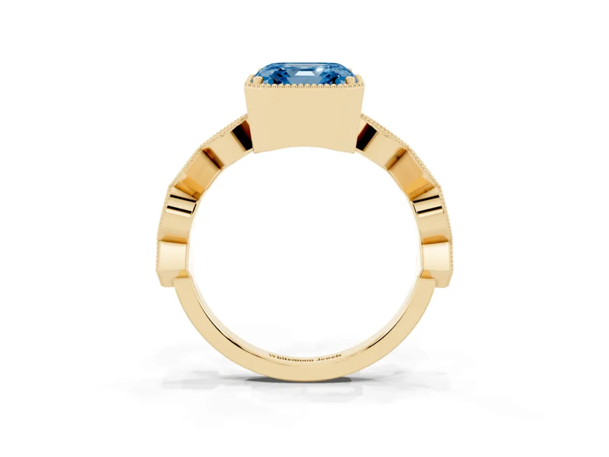 Fancy Blue Asscher Cut Milgrain Marquise Diamond Twist Band Ring Yellow gold