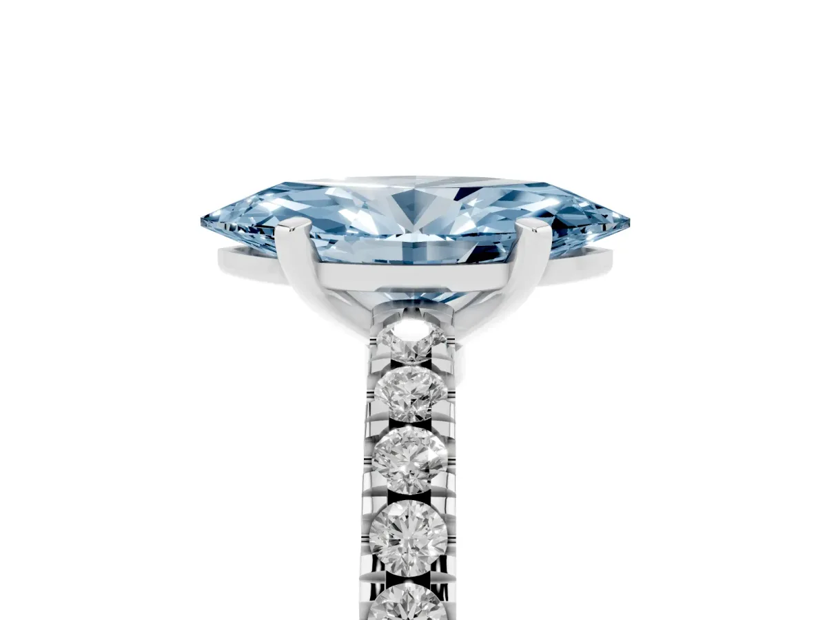 Fancy Blue Marquise Cut Solitaire Diamond with Pavé Band and Four-Prong Setting Platinum