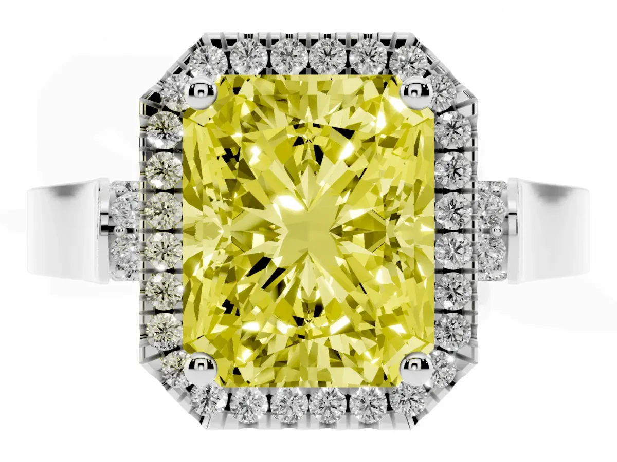 Fancy Yellow Radiant Cut Halo Pave Split Shank Prong Setting Ring Silver