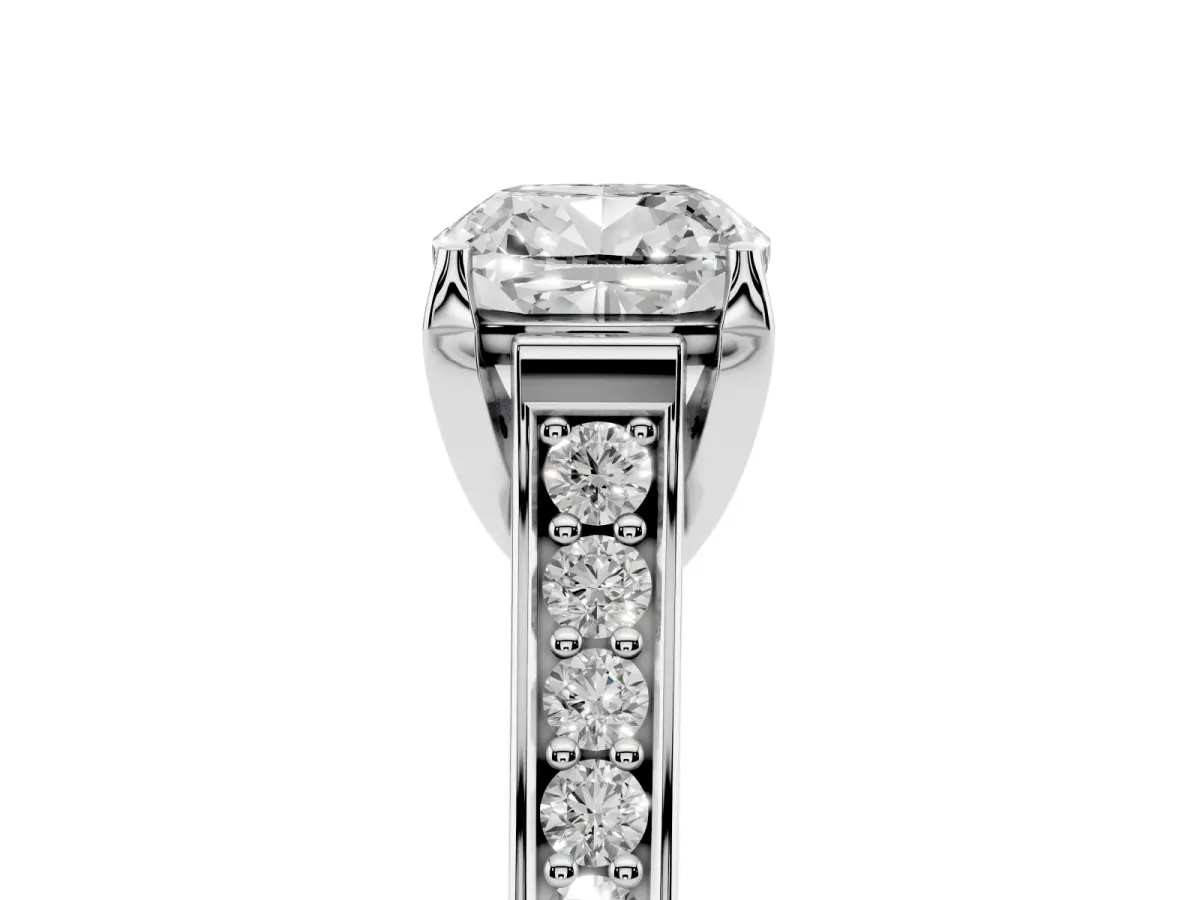 Cushion Cut Brilliant Cut Diamond Engagement Ring with Pavé Band and Four-Prong Setting Silver