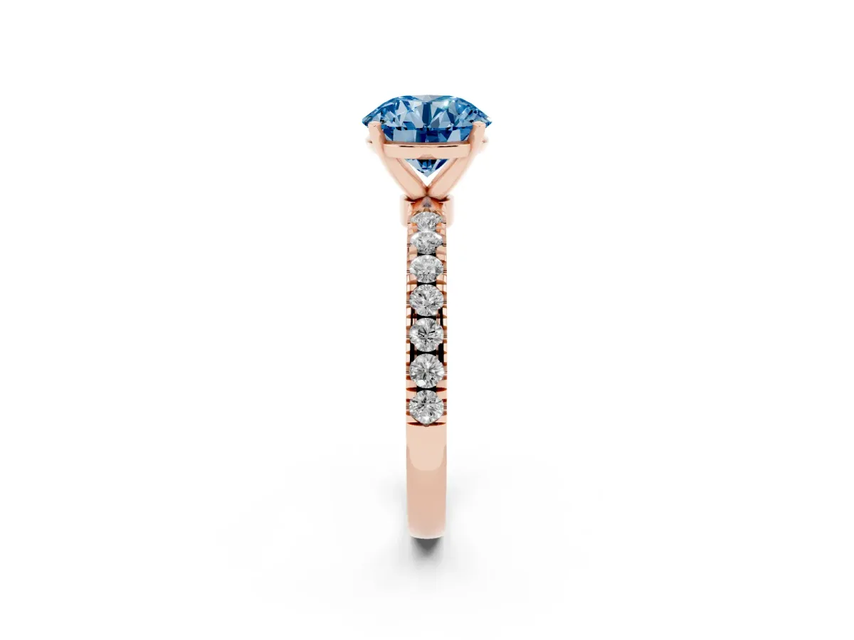 Fancy Blue Round Cut Diamond Solitaire Ring with Pavé Accents and Four-Prong Setting Rose gold