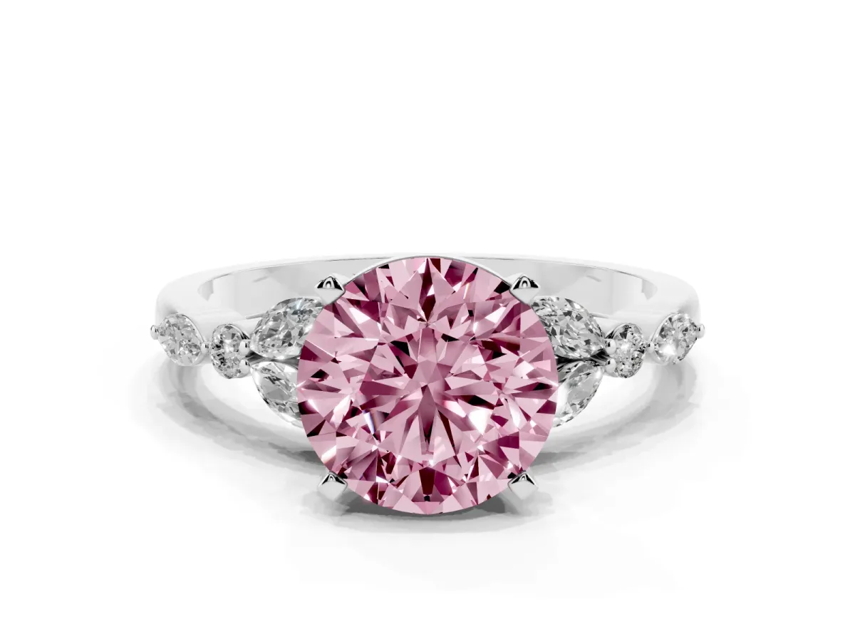 Fancy Pink Round Cut Diamond Solitaire Ring with Side Stones and Four-Prong Setting Platinum