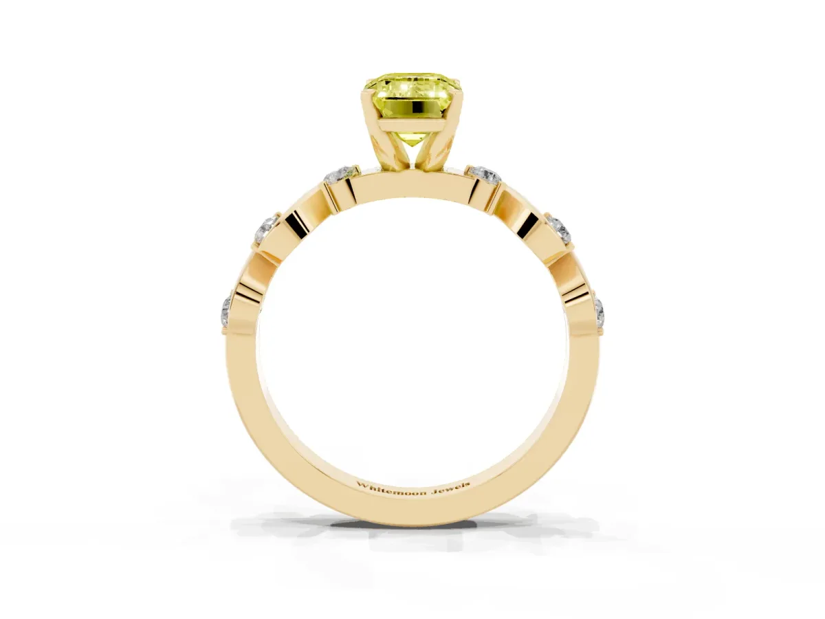 Fancy Yellow Emerald Cut Diamond Solitaire Twisted Band with Round Accents and Prong Setting Yellow gold