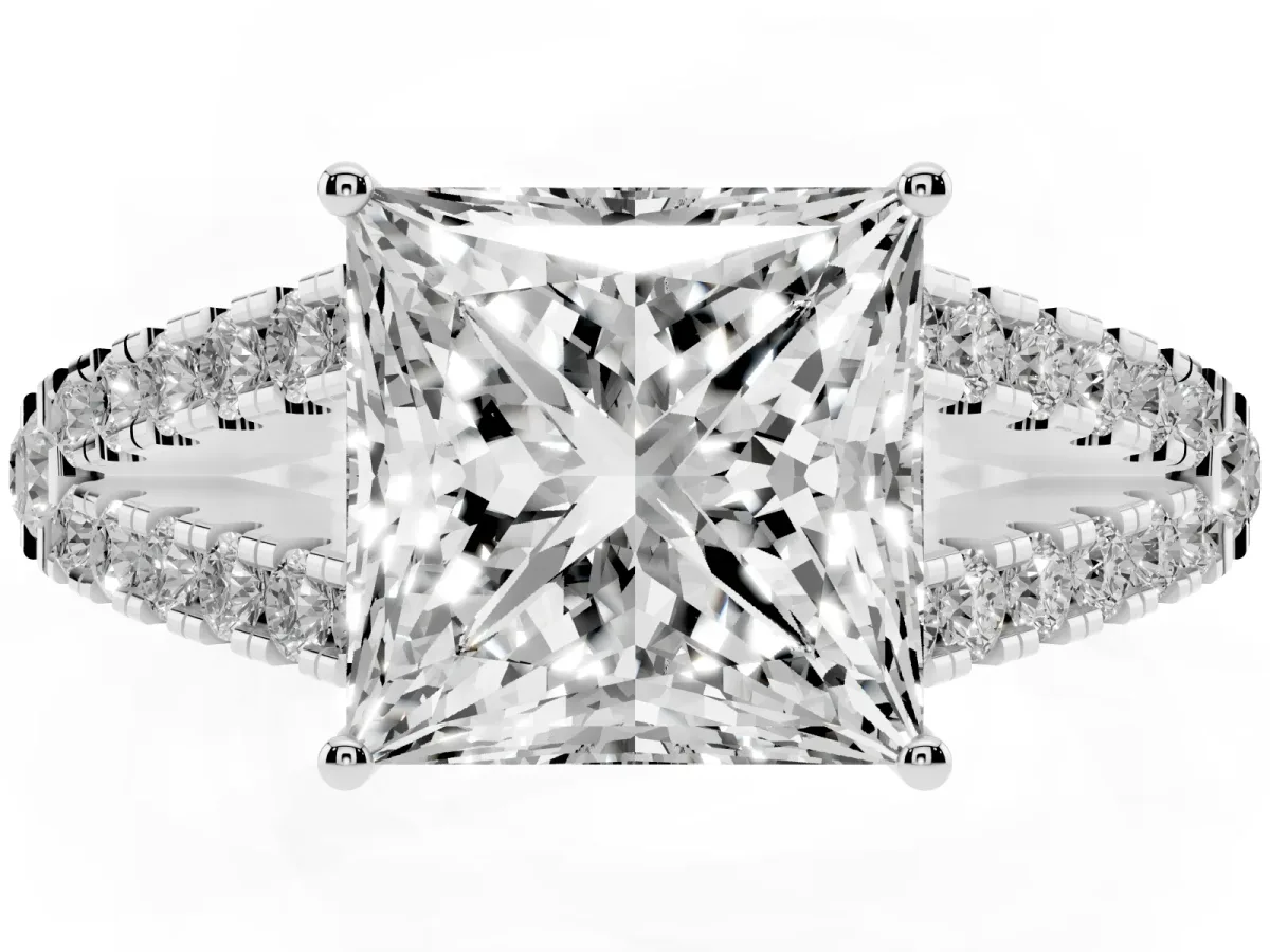 Princess Cut Diamond Split Shank Pavé Engagement Ring with Four-Prong Setting White gold