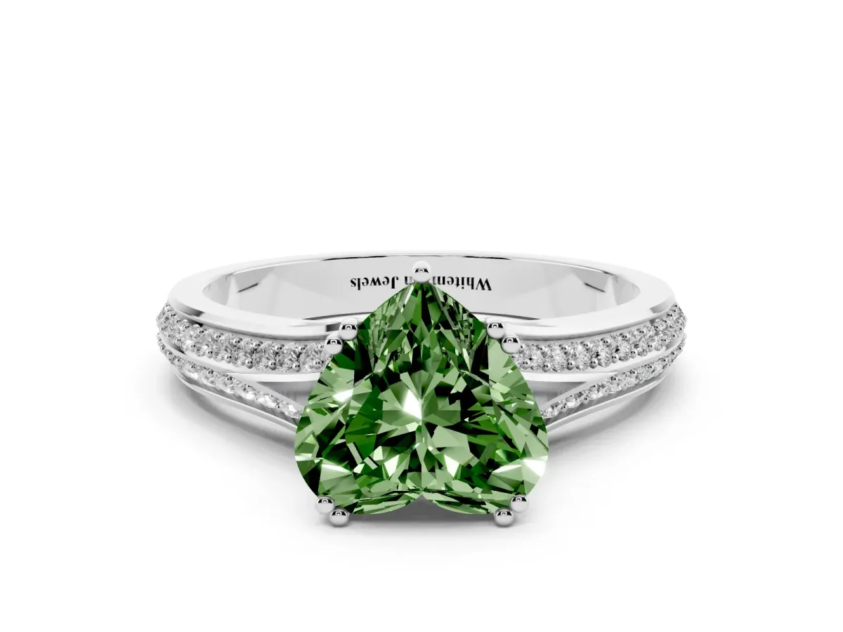 Fancy Green Heart Cut Diamond Split Shank Engagement Ring with Pavé Band White gold