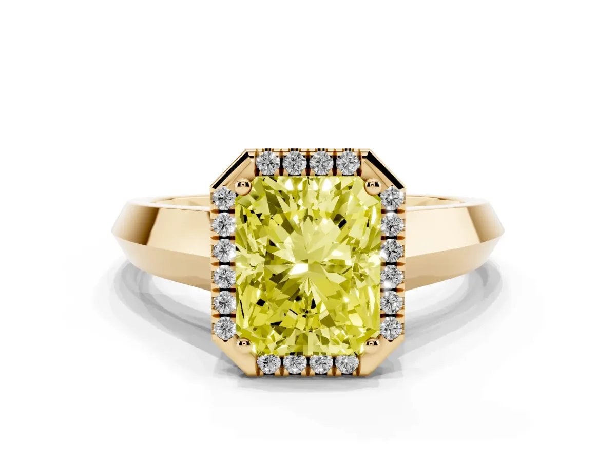 Fancy Yellow Radiant Cut Halo Diamond Ring with Cathedral Band and Four-Prong Setting Yellow gold