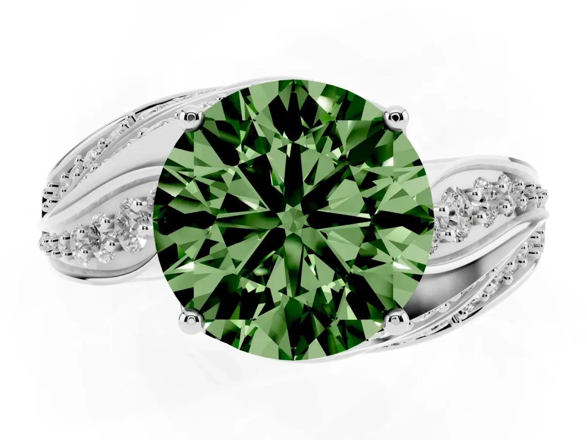 Fancy Green Round Cut Diamond Solitaire Ring with Prong Setting and Twisted Pavé Band Silver