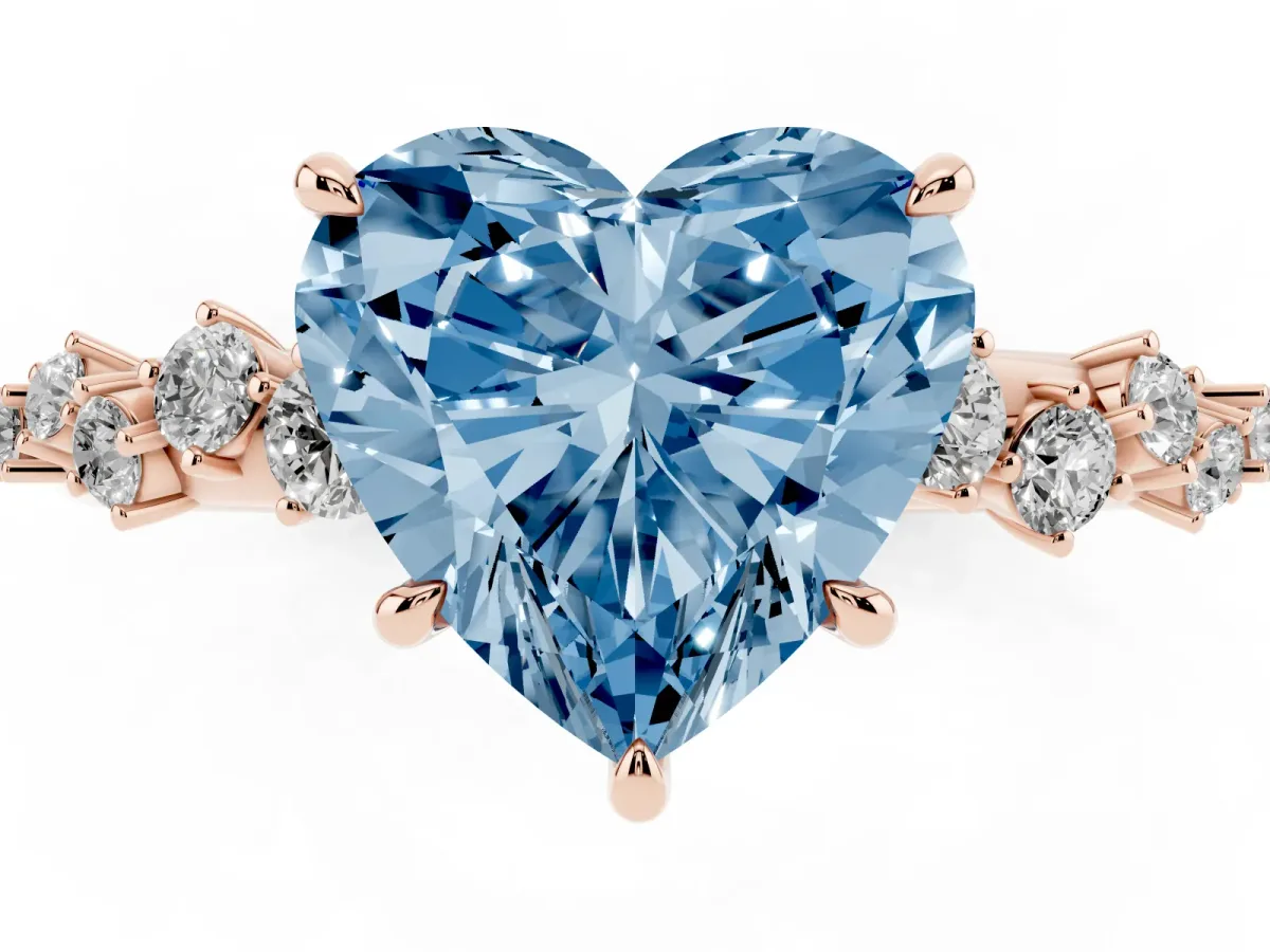 Fancy Blue Heart Cut Diamond Cluster Side Stone Solitaire Ring with Prong Setting Rose gold