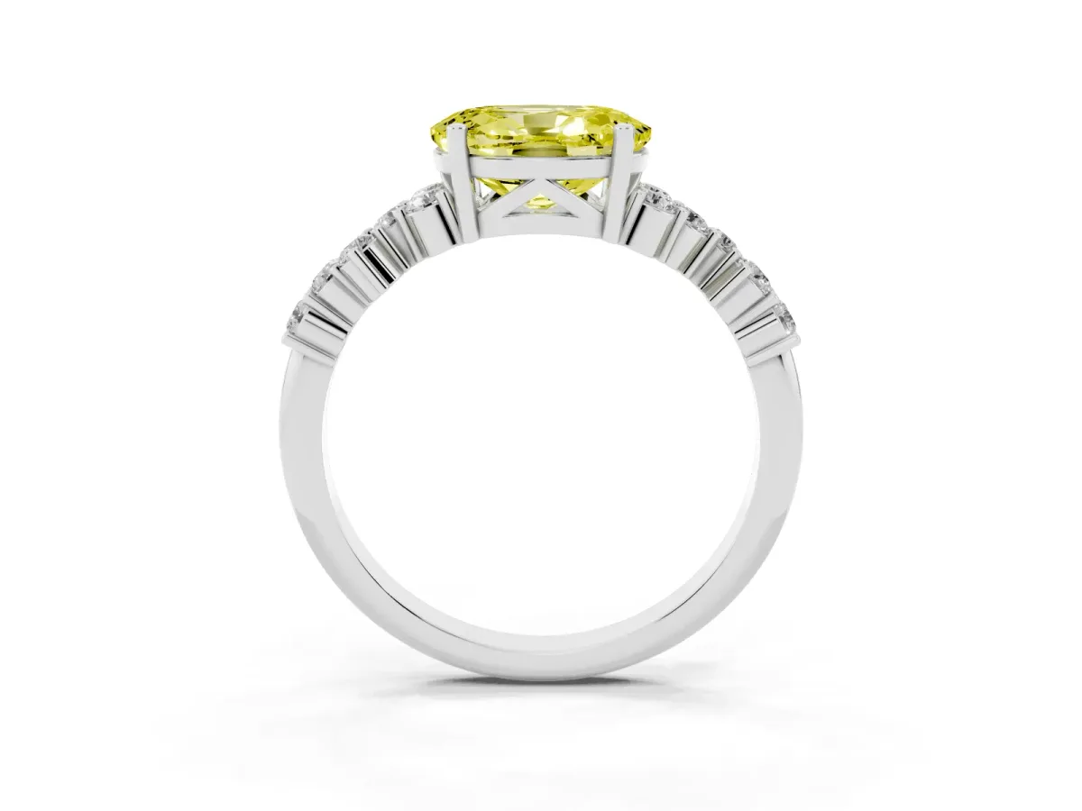 Fancy Yellow Oval Cut Diamond Scattered Round Accent Ring with Prong Setting White gold