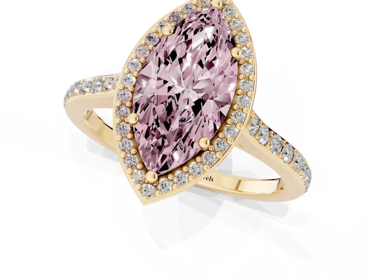 Fancy Pink Marquise Cut Diamond Halo Engagement Ring with Round Pavé Shoulders and Prong Setting Yellow gold