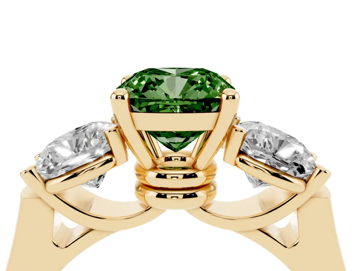 Fancy Green Three-Stone Cushion Cut Brilliant Diamond Trellis Ring with Comfort Fit Band Yellow gold