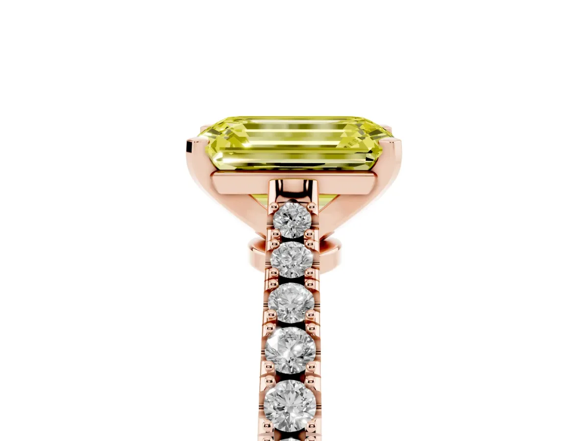 Fancy Yellow Emerald Cut Cut Solitaire Diamond Engagement Ring with Pave Band and Four-Prong Setting Rose gold