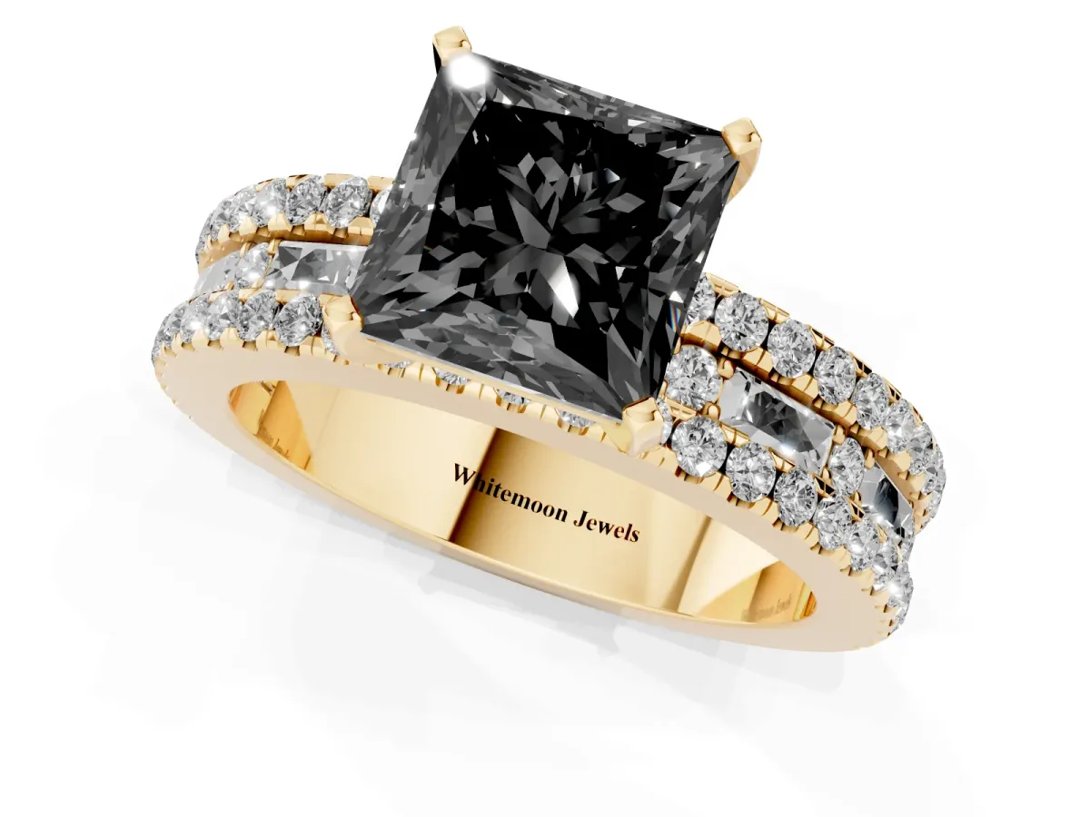 Fancy Black Princess Cut Diamond Solitaire Ring with Pavé and Channel Set Band Yellow gold