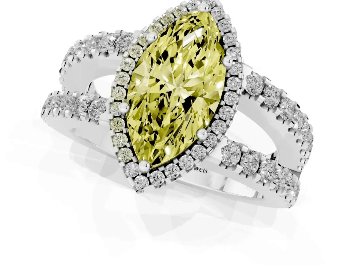 Fancy Yellow Marquise Cut Cut Halo Split Shank Diamond Ring with Four-Prong Setting Platinum