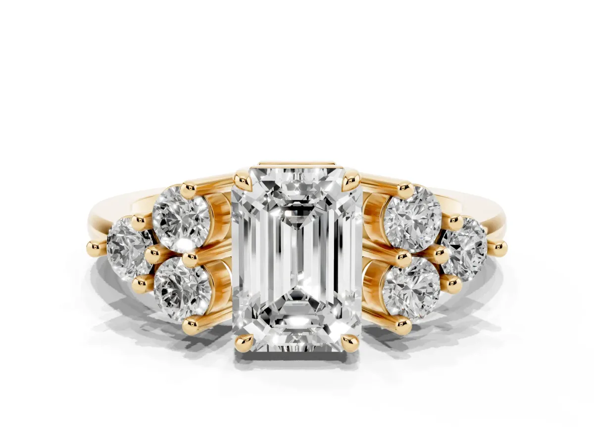 Emerald Cut Brilliant Diamond Cluster Accent Solitaire Ring with Prong Setting Yellow gold