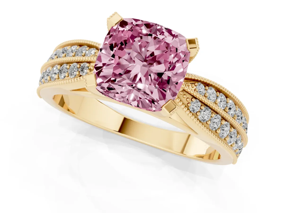 Fancy Pink Cushion Cut Diamond Solitaire Ring with Milgrain Round Pavé Band and Prong Setting Yellow gold
