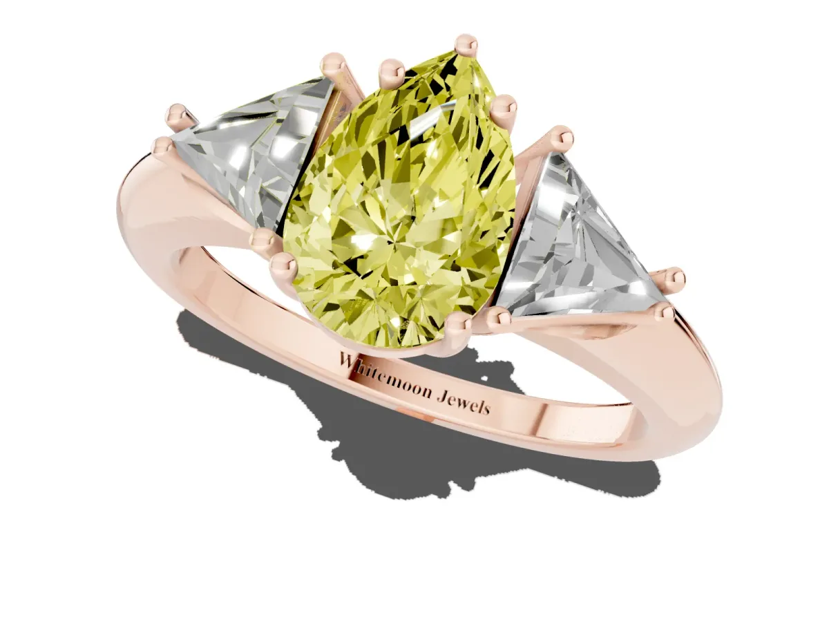 Fancy Yellow Three-Stone Pear Cut Diamond Engagement Ring with Trillion Side Stones and Prong Setting Rose gold