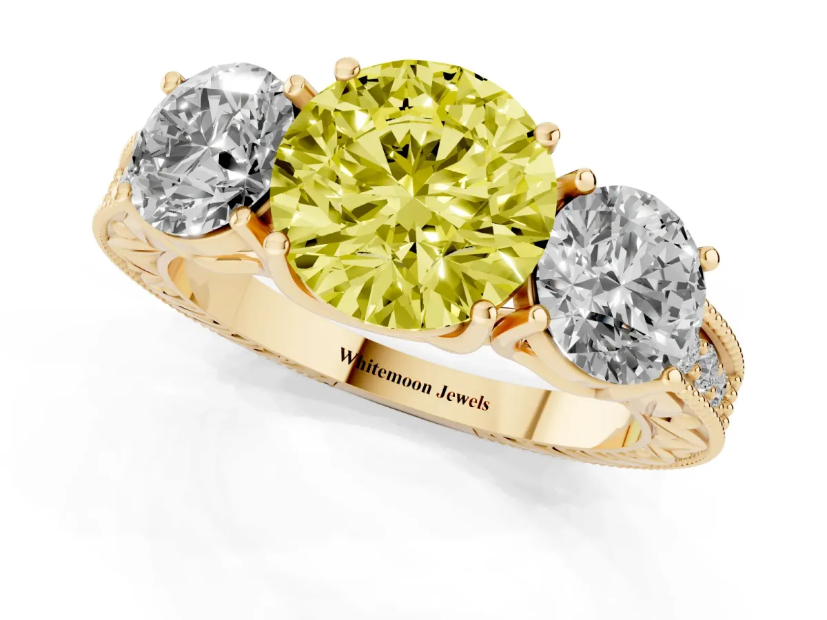 Fancy Yellow Three-Stone Round Cut Cut Milgrain Pavé Engagement Ring Yellow gold