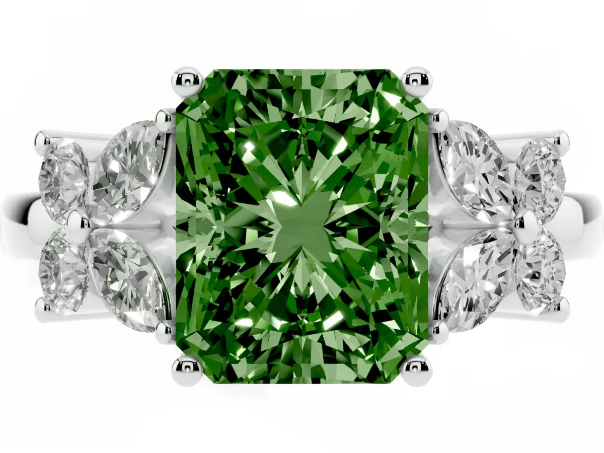 Fancy Green Radiant Cut Diamond Floral Cluster Ring with Solitaire Band and Prong Setting Platinum