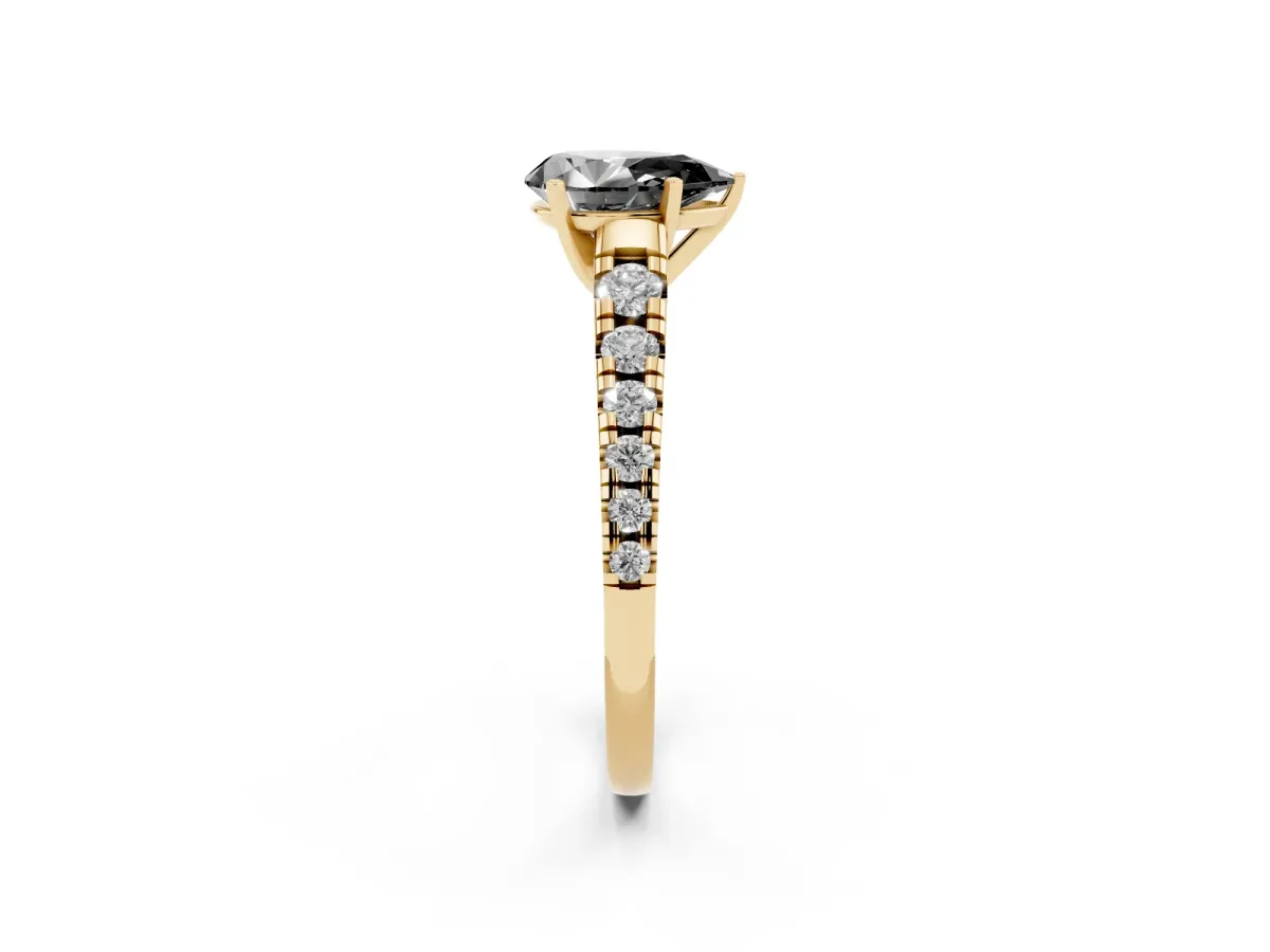 Fancy Black Pear Cut Diamond Cathedral Solitaire Ring with Round Pavé Band Yellow gold