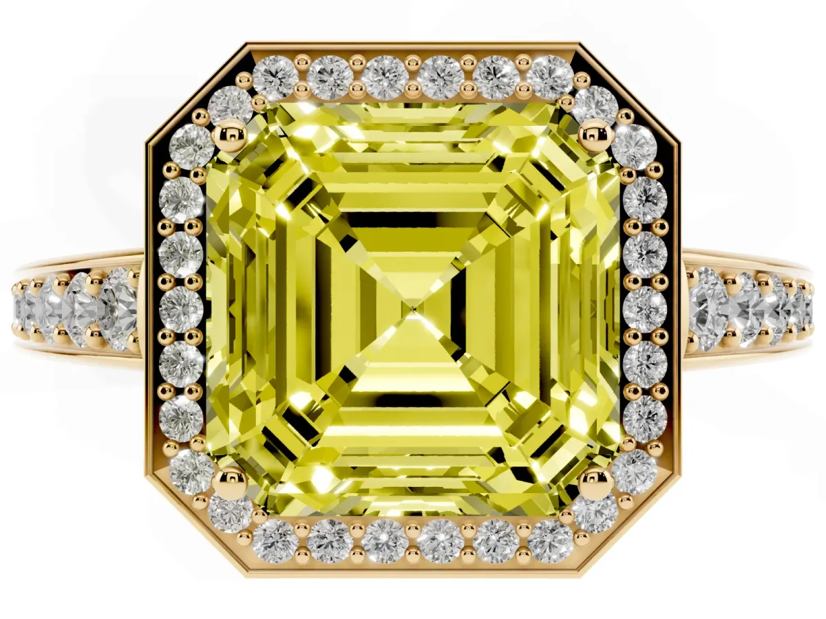 Fancy Yellow Asscher Cut Halo Pavé Diamond Engagement Ring with Bezel Setting Yellow gold