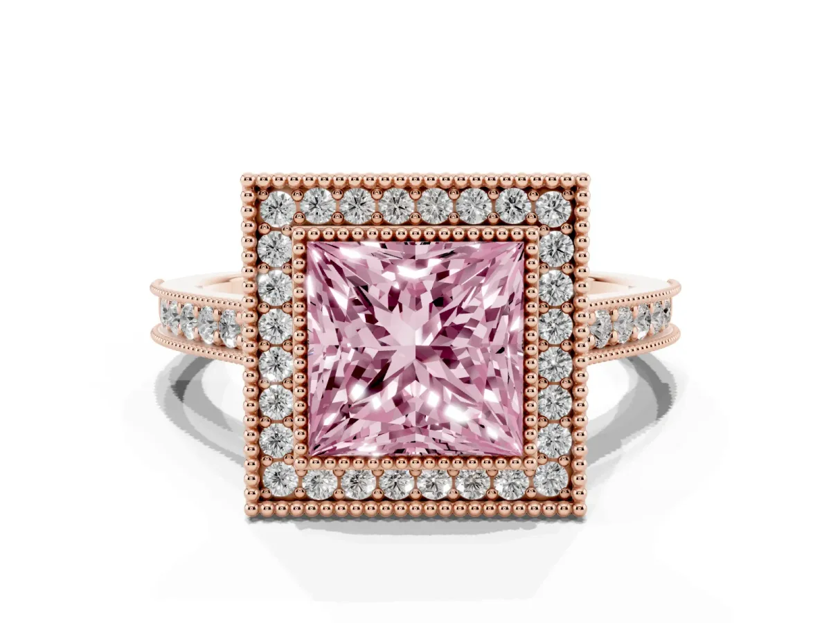 Fancy Pink Halo Princess Cut-Cut Diamond Pave Band Milgrain Prong Setting Ring Rose gold