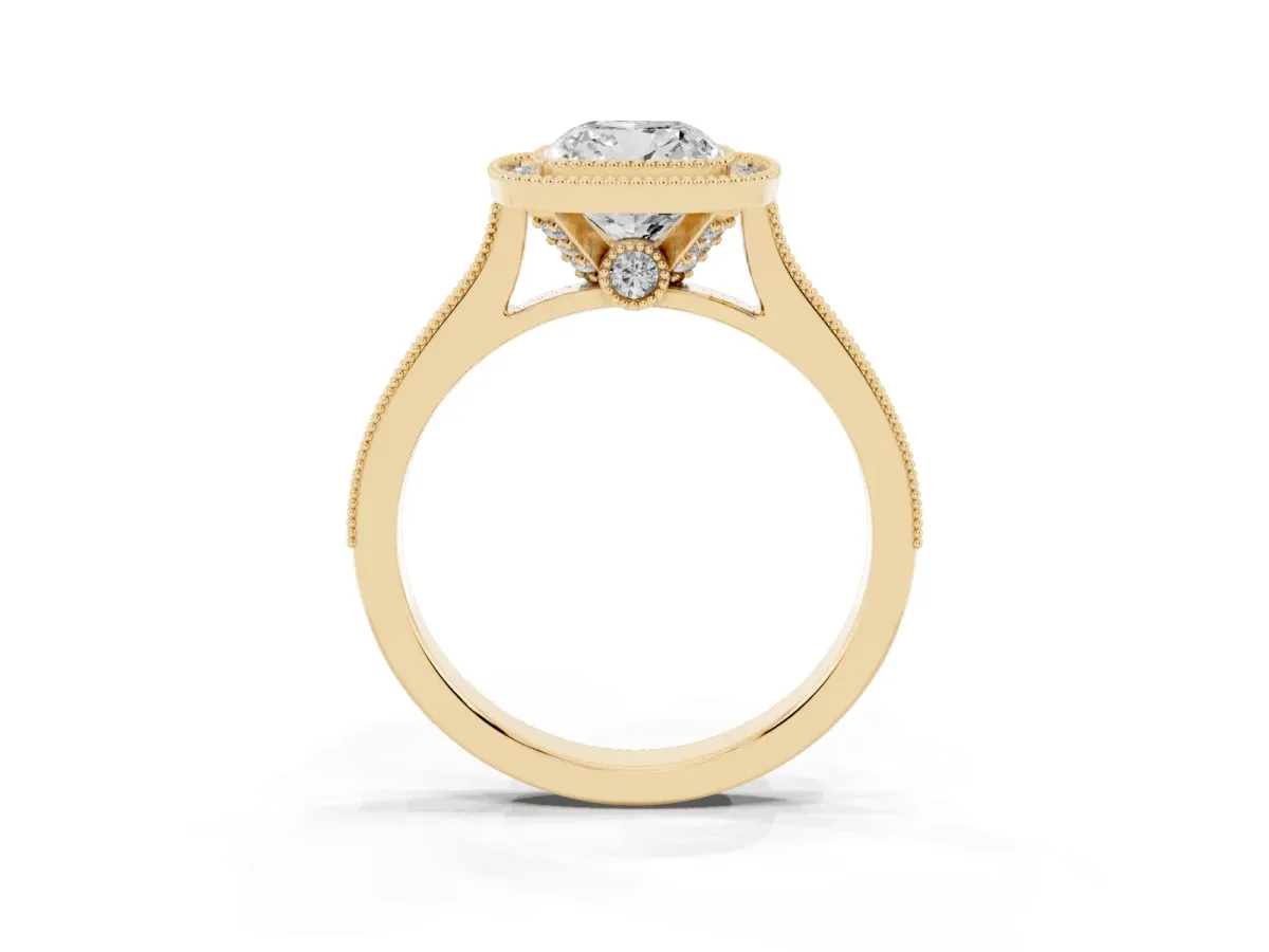Halo Cushion Cut-Cut Diamond Pave Band Milgrain Prong Setting Ring Yellow gold