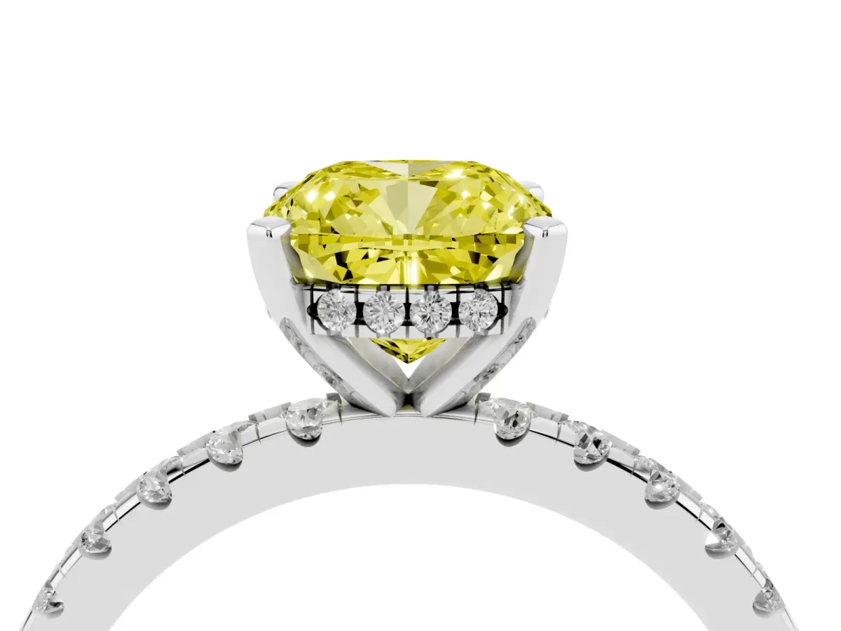 Fancy Yellow Cushion Cut Diamond Solitaire Ring with Round Pavé Band and Four-Prong Setting Silver