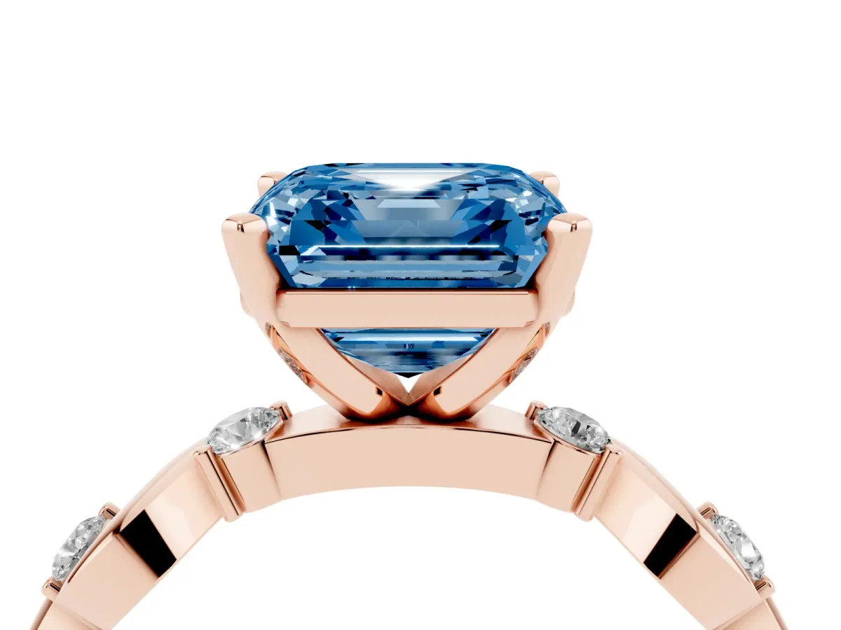 Fancy Blue Asscher Cut Diamond Solitaire Twisted Band with Round Accents and Prong Setting Rose gold