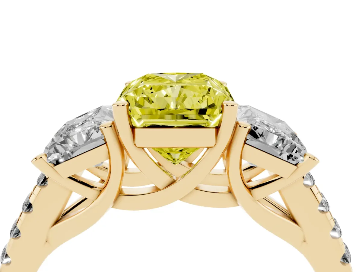 Fancy Yellow Three-Stone Radiant Cut Diamond Ring with Round Pavé Band and Prong Setting Yellow gold