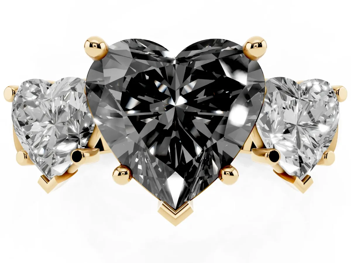 Fancy Black Three-Stone Heart Cut Brilliant Diamond Trellis Ring with Comfort Fit Band Yellow gold
