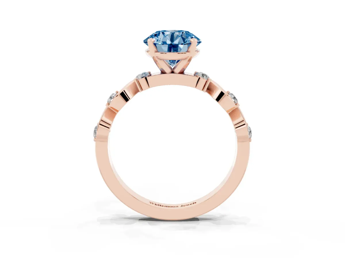 Fancy Blue Round Cut Diamond Solitaire Twisted Band with Round Accents and Prong Setting Rose gold