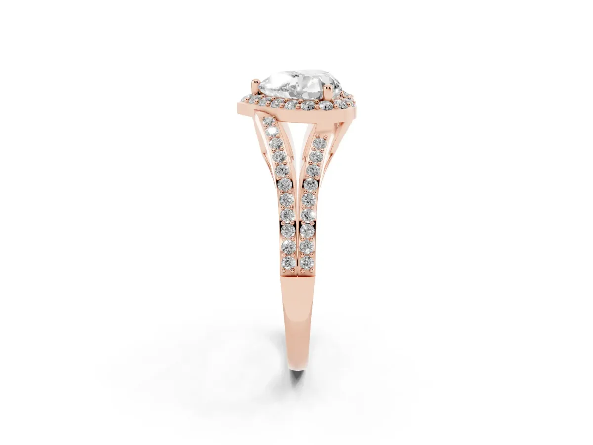 Heart Cut Halo Split Shank Diamond Ring with Prong Setting Rose gold