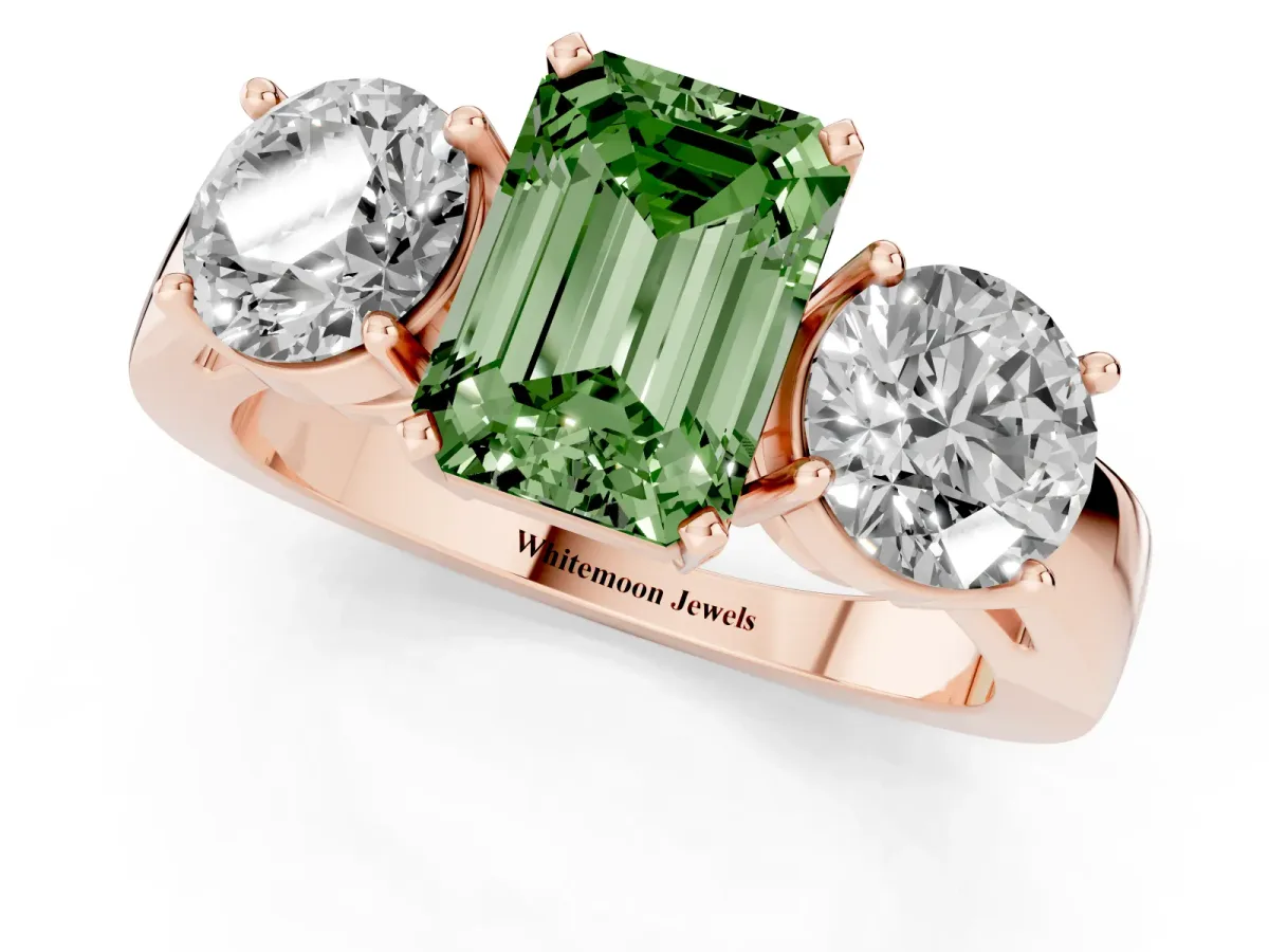 Fancy Green Three-Stone Emerald Cut Diamond Ring with Round Side Stones, Classic Band, and Four-Prong Setting Rose gold